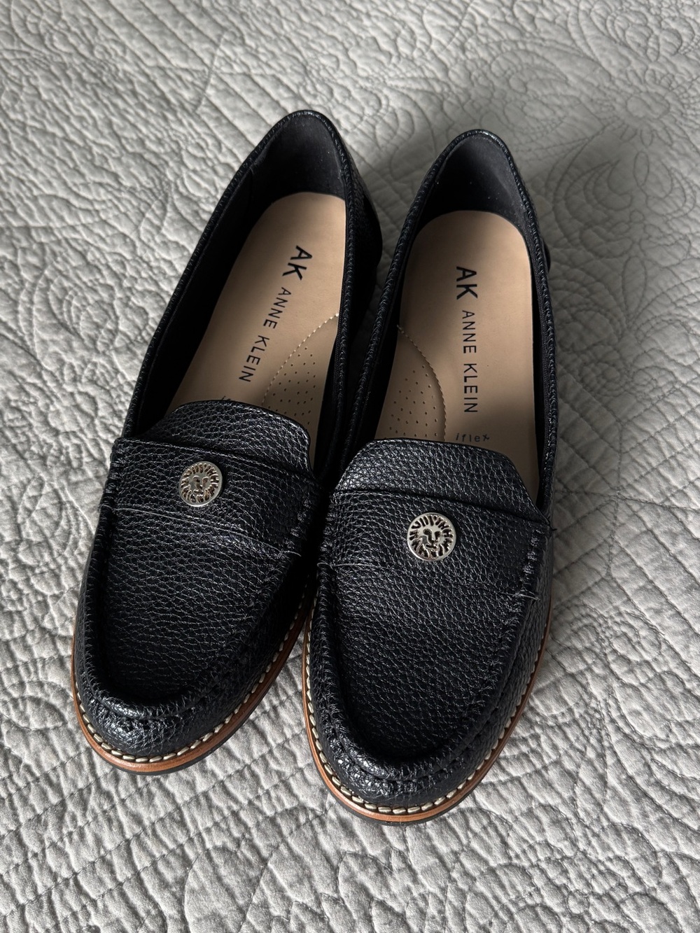 Anne Klein Black Textured Leather Loafers with Silver Accents